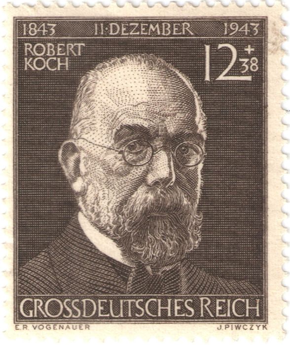 Марка 12 + 38 рейхспфенинга 1944 Германия (Третий Рейх) «100 лет со дня рождения Нобелевского лауреата, бактериолога Роберта Коха»