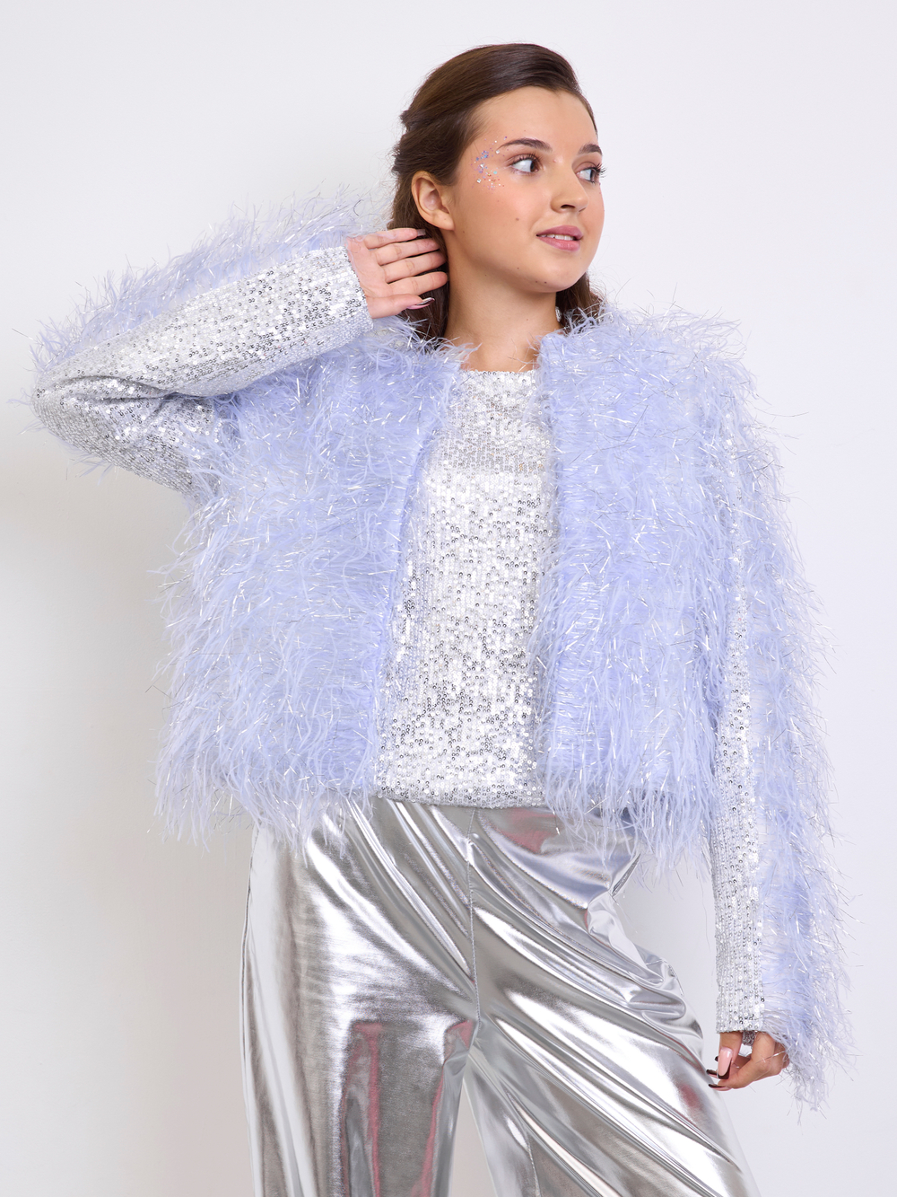 Костюм тройка брючный праздничный с пайетками для девочки сирень серебро