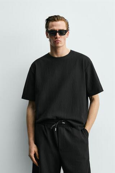 ZARA ФУТБОЛКА RELAXED FIT ИЗ РЕЛЬЕФНОЙ ТКАНИ, ЧЕРНЫЙ