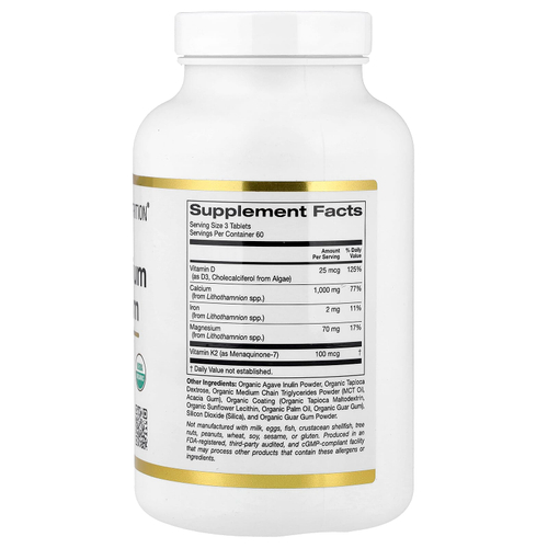 California Gold Nutrition, Органический кальций и магний плюс витамины D3 и K2, 180 таблеток