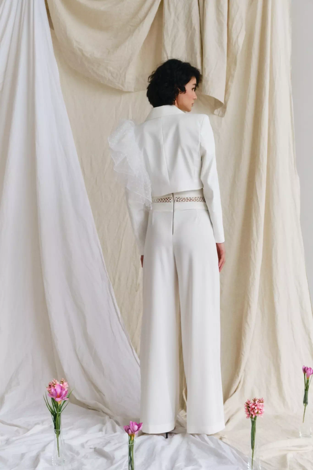 Брюки-палаццо с сеткой белые