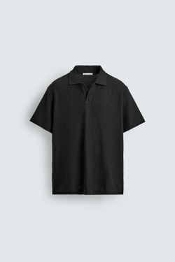 ZARA ПОЛО REGULAR FIT ИЗ ХЛОПКА С РЕЛЬЕФНЫМ УЗОРОМ, ЧЕРНЫЙ