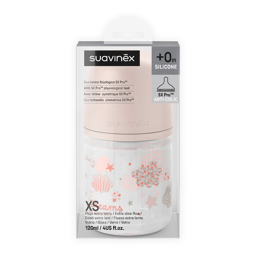 Стеклянная бутылочка для кормления Suavinex Dreams 120 мл, медленный поток, розовый, 0+ мес