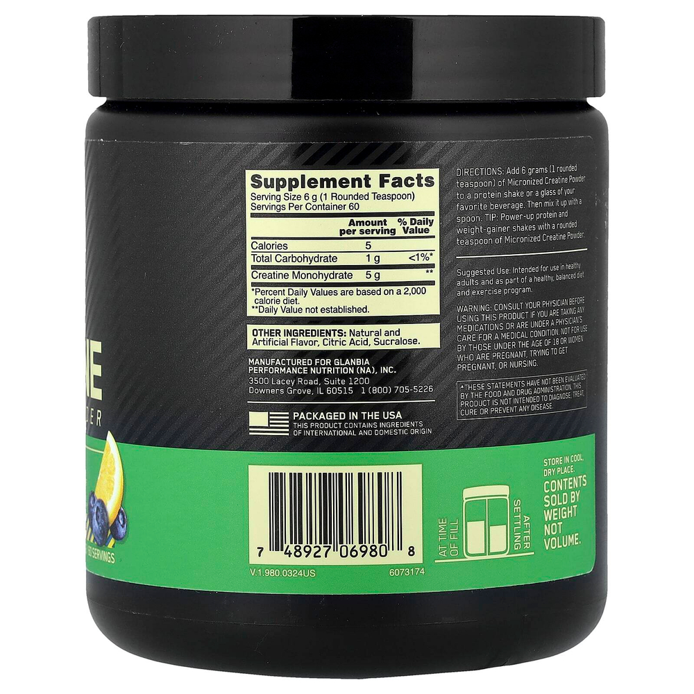Optimum Nutrition, Микронизированный креатин в порошке, черничный лимонад, 360 г (12,69 унции)