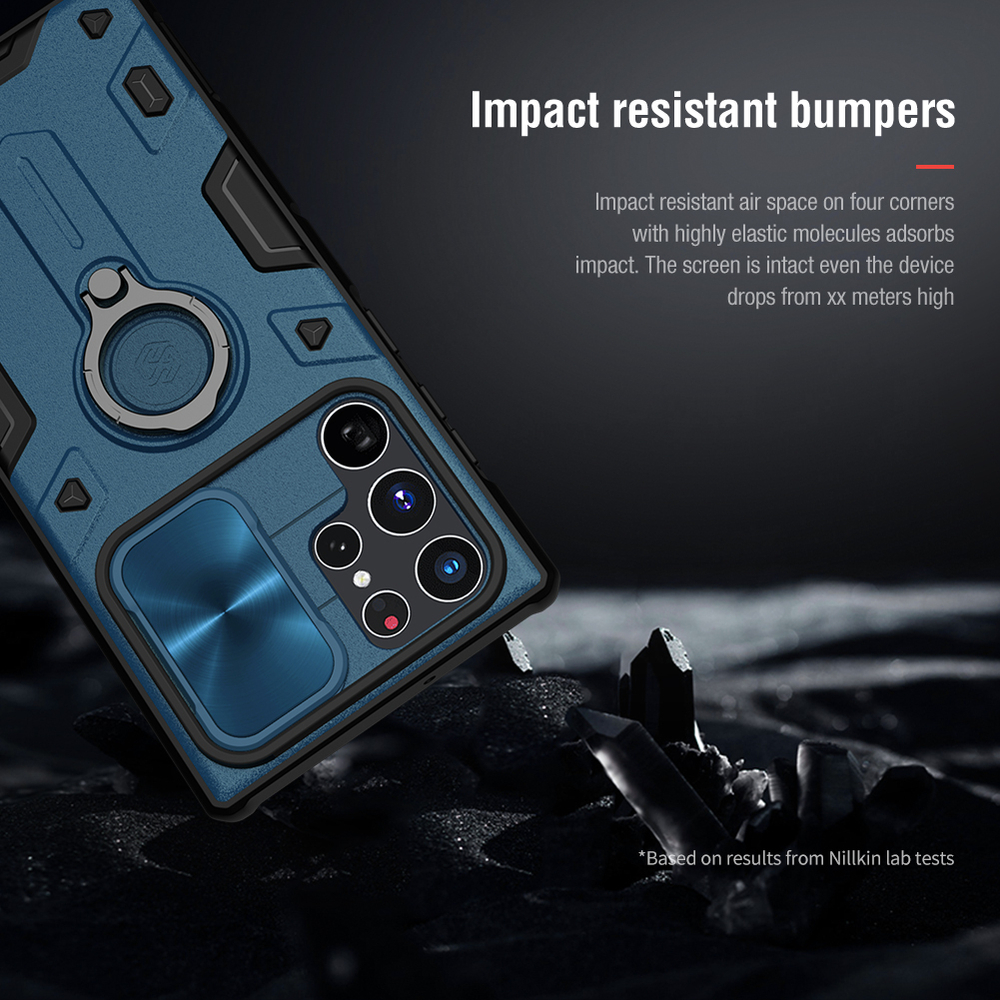 Чехол синего цвета от Nillkin серия CamShield Armor для Samsung Galaxy S22 Ultra, с кольцом и металлической защитной шторкой для камеры