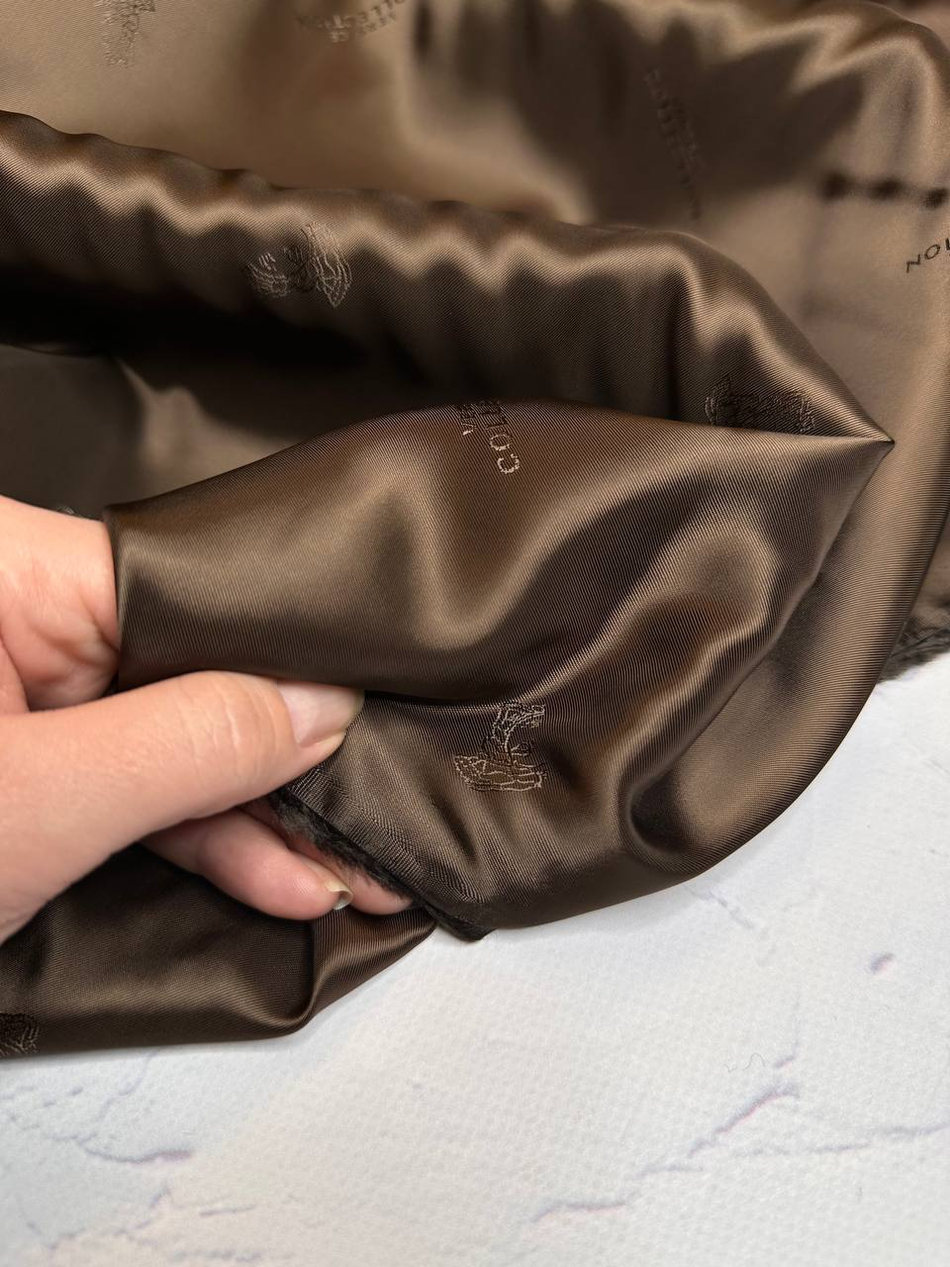 Вискоза жаккардовая подкладочная (Versace Collection, 100%вискоза, Шоколадный коричневый/логотип и надпись бренда, 138, 100 гр/м2)