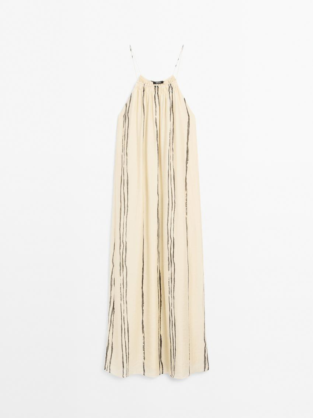 Massimo Dutti Платье миди из струящейся ткани в полоску, натуральный, кремовый