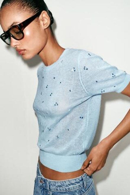 ZARA ТРИКОТАЖНЫЙ СВИТЕР С КОРОТКИМИ РУКАВАМИ, ПАСТЕЛЬНО-СИНИЙ