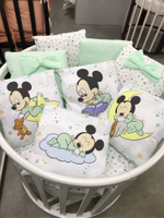 Комплект в кроватку 18 предметов "Микки Маус" зеленый, сатин