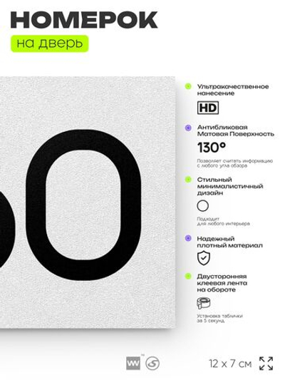 Номер на дверь 960, табличка на дверь для офиса, квартиры, кабинета, аудитории, склада, белая 120х70 мм, Айдентика Технолоджи
