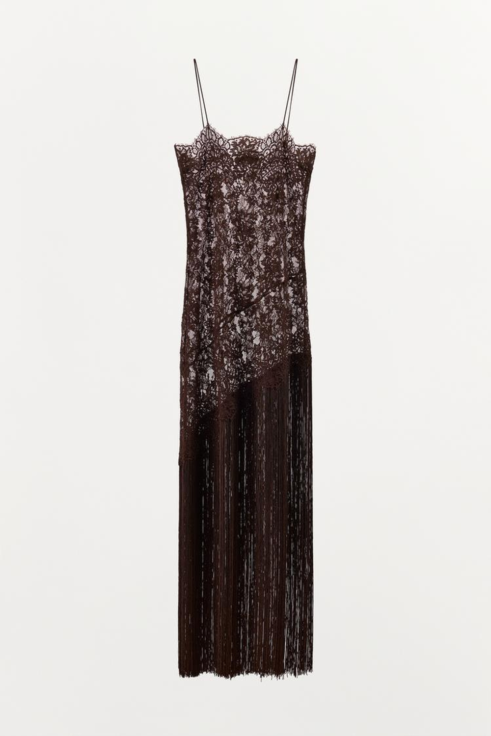 ZARA ПЛАТЬЕ НА БРЕТЕЛЯХ С КРУЖЕВОМ И БАХРОМОЙ, КОРИЧНЕВЫЙ