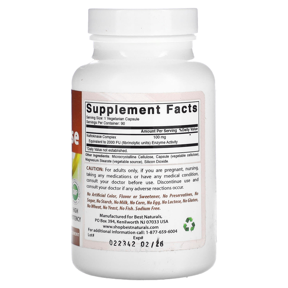 Best Naturals, Наттокиназа, 100 мг, 90 вегетарианских капсул