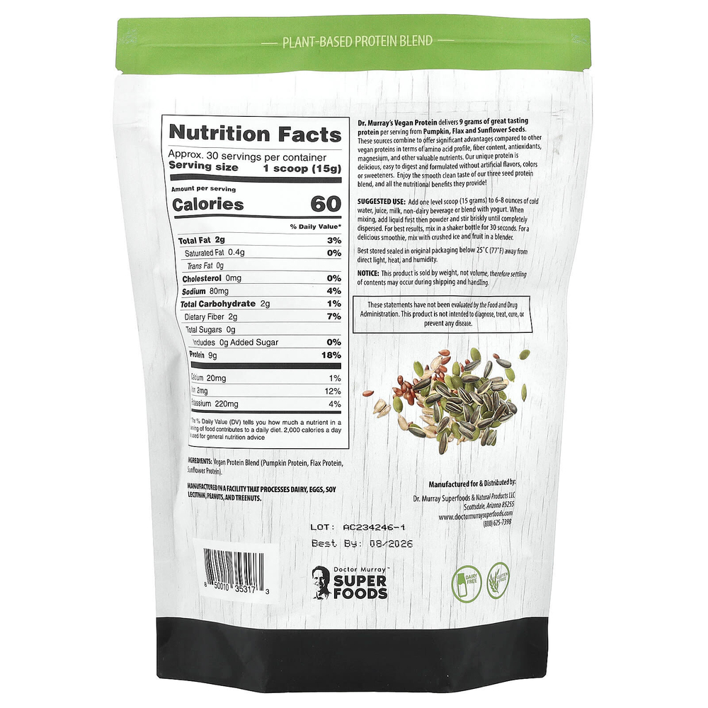 Dr. Murray's, Super Foods, порошок из 3 протеинов, тыква + лен + подсолнечник, без добавок, 453,5 г (16 унций)