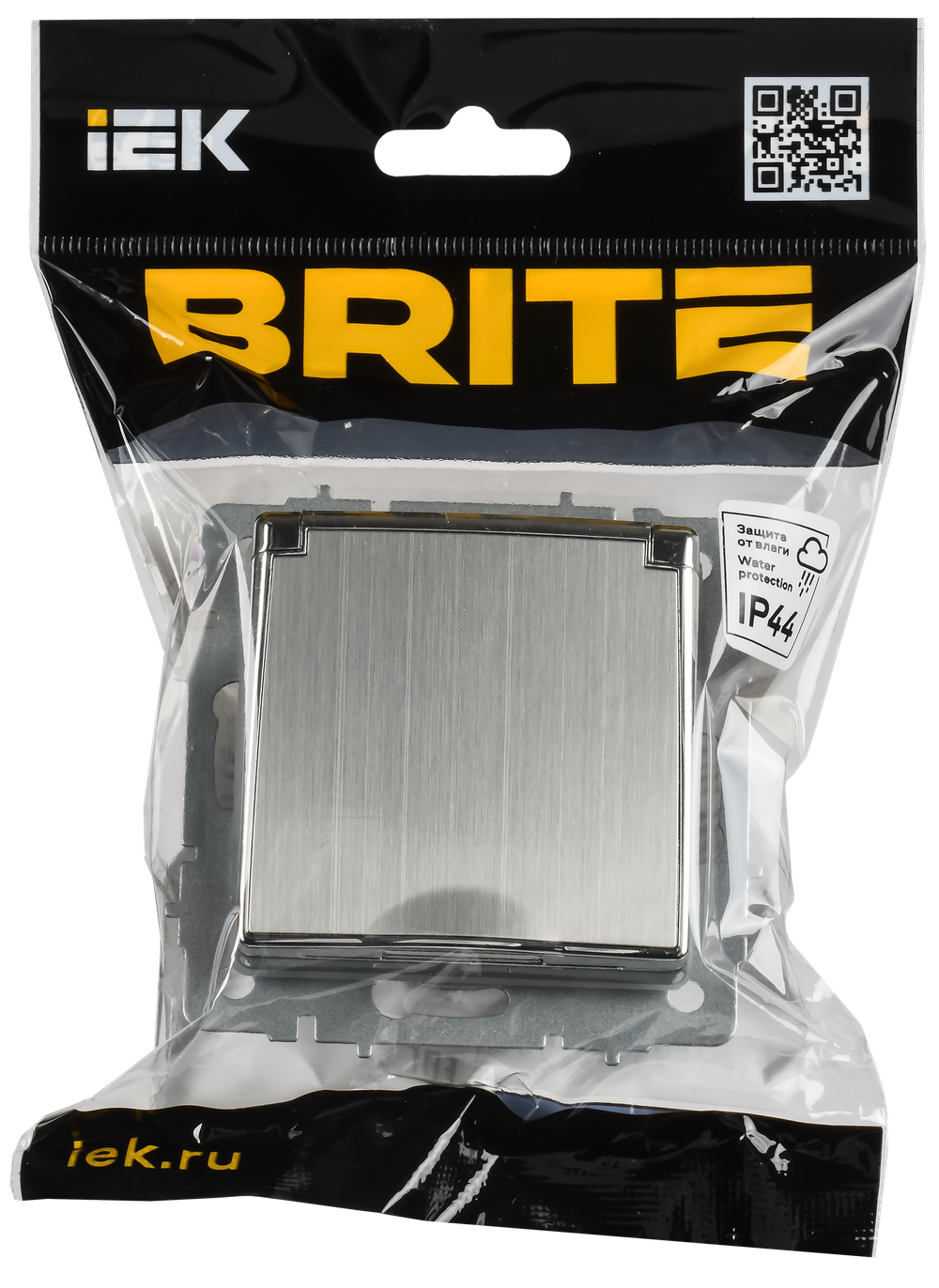 BRITE Розетка 1-местная с заземлением с защитными шторками и крышкой 16А IP44 РСбш10-3-44-БрГН металл хром/никель IEK