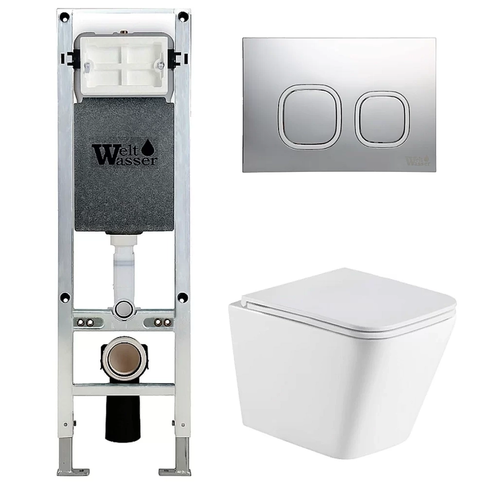 Унитаз подвесной WeltWasser AMBERG 350 ST + GELBACH 043 GL-WT + AMBERG RD-CR белый глянцевый, безободковый, с крышкой микролифт, слив-торнадо, с инсталляцией и кнопкой хром глянцевый