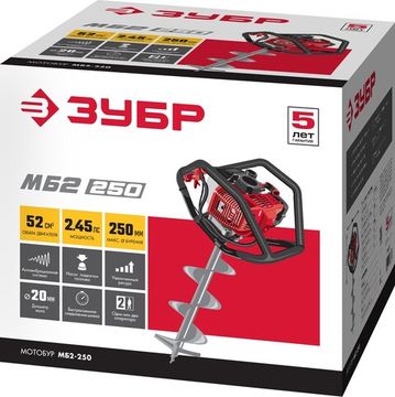 ЗУБР d 60 - 250 мм, 52 см3, 2 оператора, мотобур (бензобур) (МБ2-250)