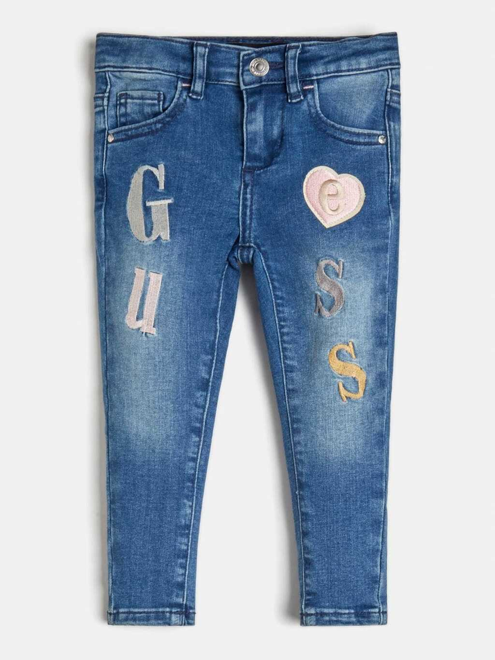 Брюки джинсовые GUESS Синий/Аппликации: разноцветные вышивки (Девочка)