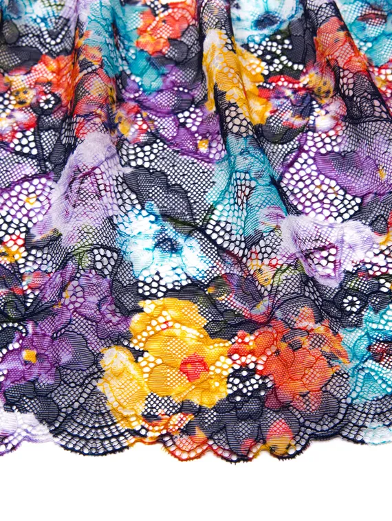 03-234 ОПТ Кружево эластичное 22 см, garden, черный/фиолет/лиловый/голубой