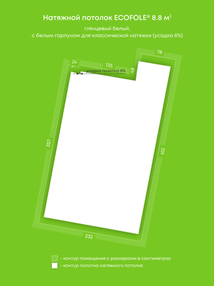 Глянцевый натяжной потолок 8.8 м2