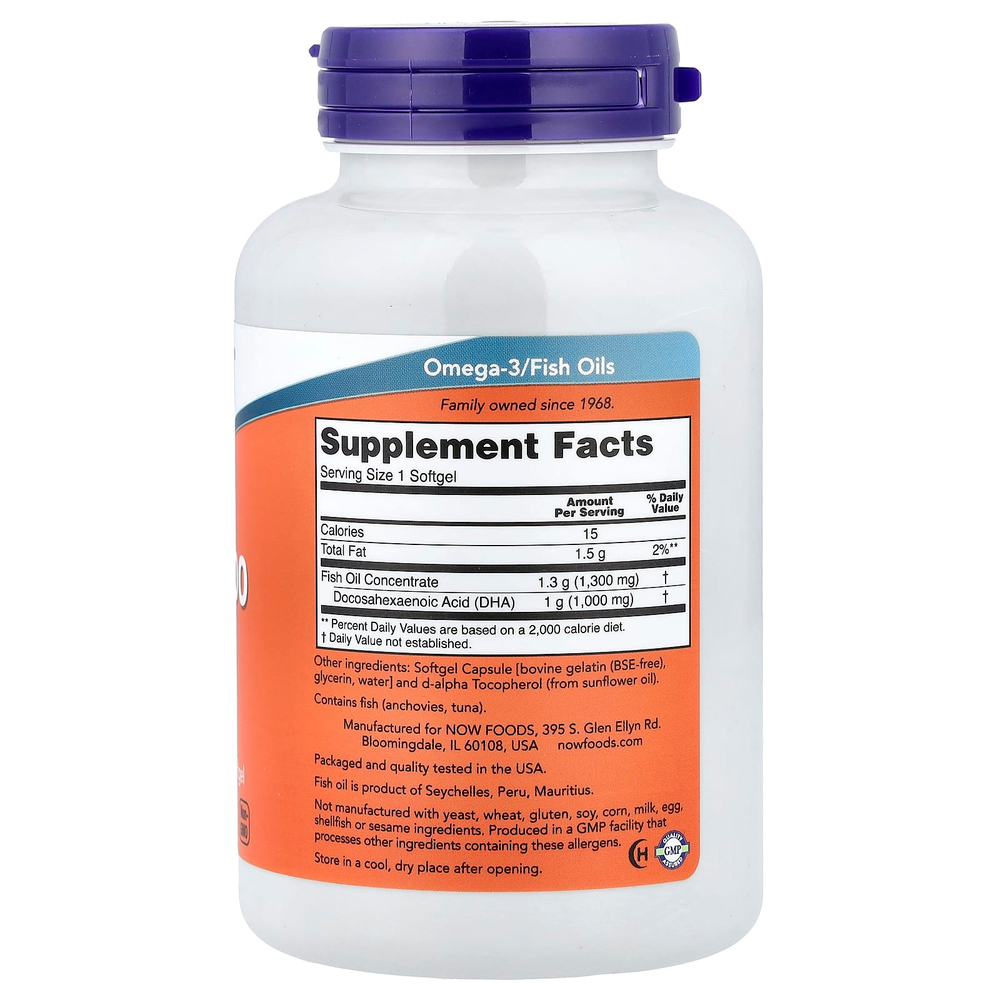 NOW Foods, DHA-1000, рыбий жир с ДГК, 90 капсул
