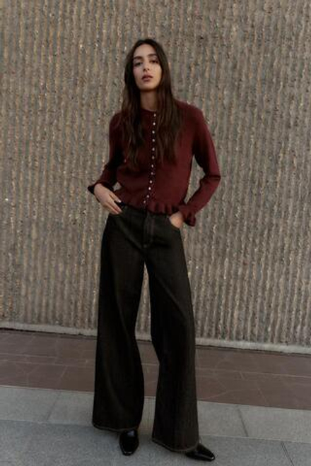 ZARА ТРИКОТАЖНЫЙ КАРДИГАН С ВОЛАНАМИ, БУРГУНДИ