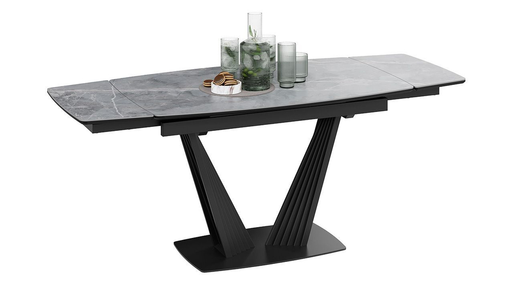Стол кухонный обеденный раздвижной Черный муар/Керамика матовая серый мрамор 130(190)х80х76 см