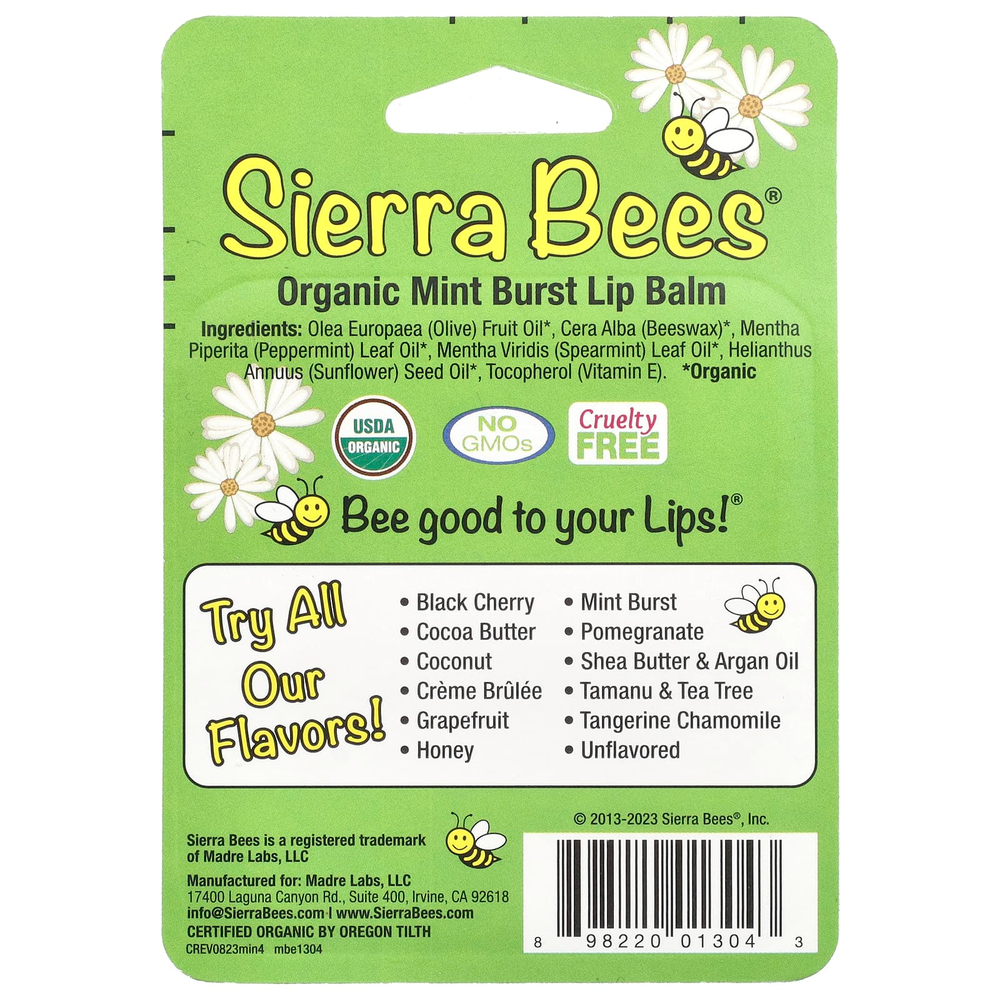 Sierra Bees, Органические бальзамы для губ, мятный взрыв, 4 штуки в упаковке весом 0,15 унции (4,25 г) каждая
