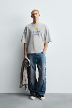 ZARA ФУТБОЛКА С КОМБИНИРОВАННЫМ ПРИНТОМ СОЛНЦА, СЕРЫЙ МЕЛАНЖ