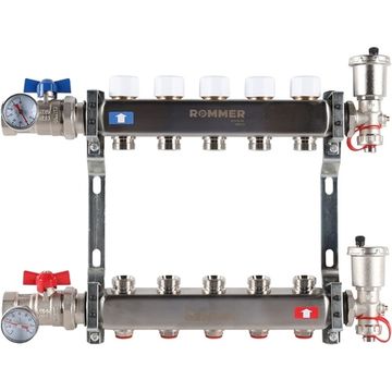 Коллектор Rommer 1"x3/4" на 5 контуров с запорными клапанами в сборе (нерж. сталь) RMS-3210-000005