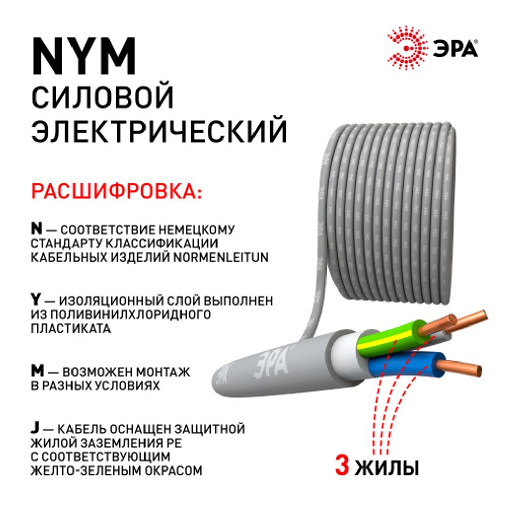 Кабель ЭРА NYM-J 3х1,5 20 м | Кабель NYM
