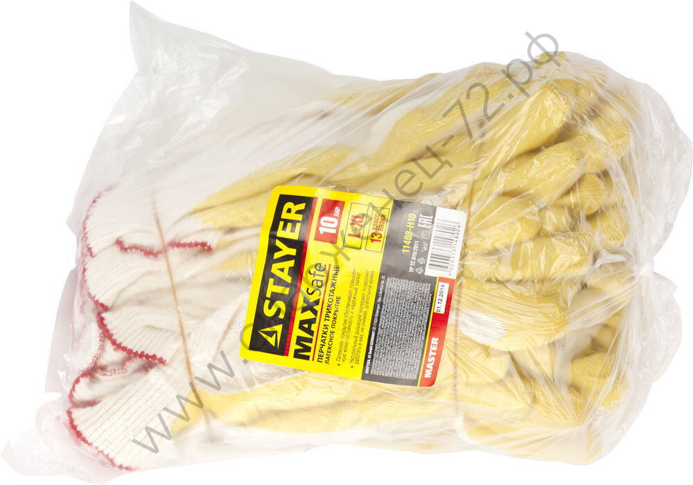 STAYER PROTECT, эластичные, натуральный хлопок, 10 пар, размер L-XL, перчатки с латексным обливом (11408-H10)