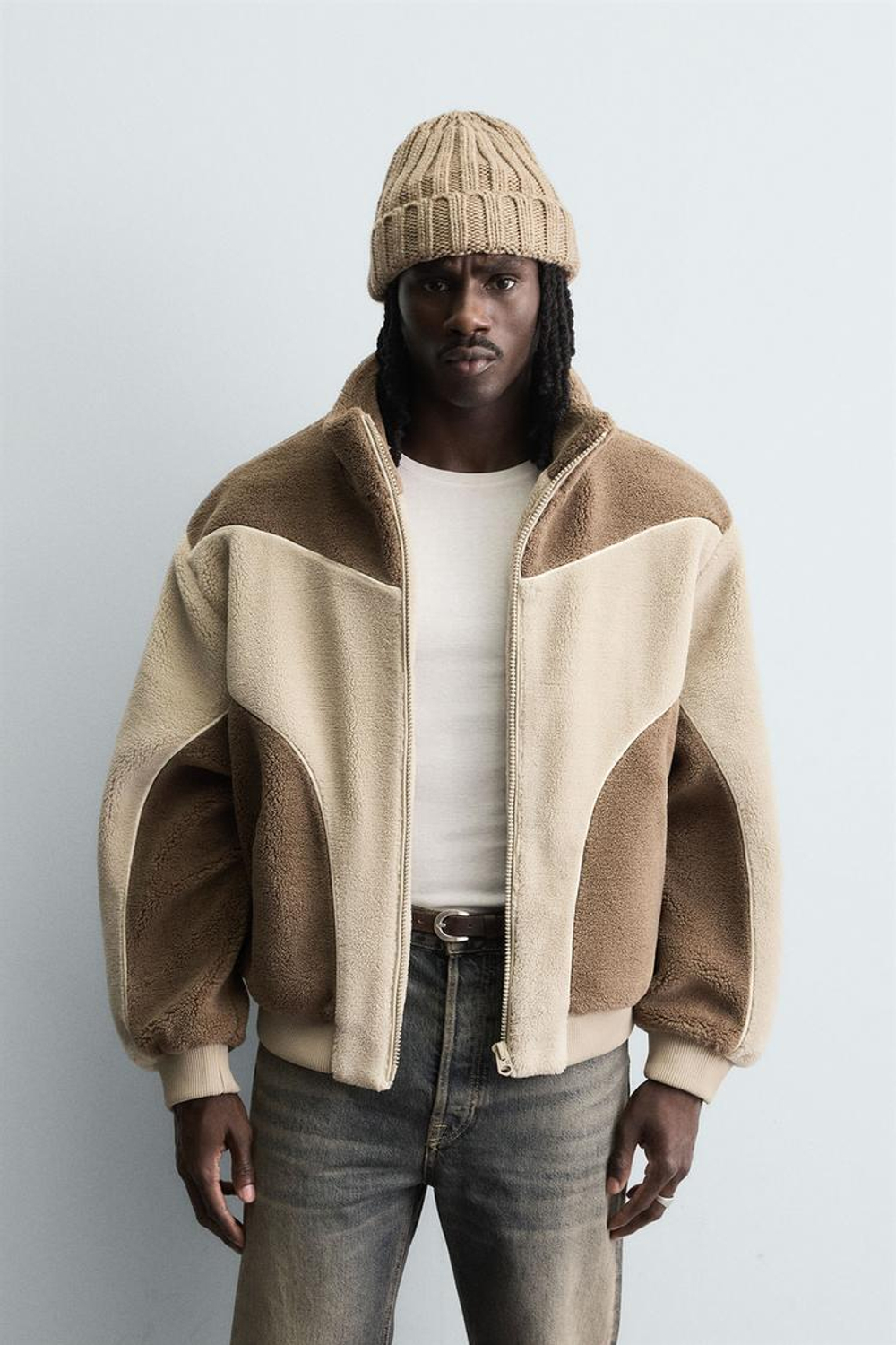 ZARA КУРТКА ИЗ ИСКУССТВЕННОЙ ОВЧИНЫ С КОНТРАСТНЫМИ ВСТАВКАМИ, РЫЖЕВАТО-КОРИЧНЕВЫЙ