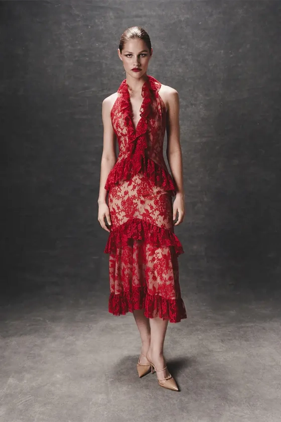 Платье миди из кружева с оборками