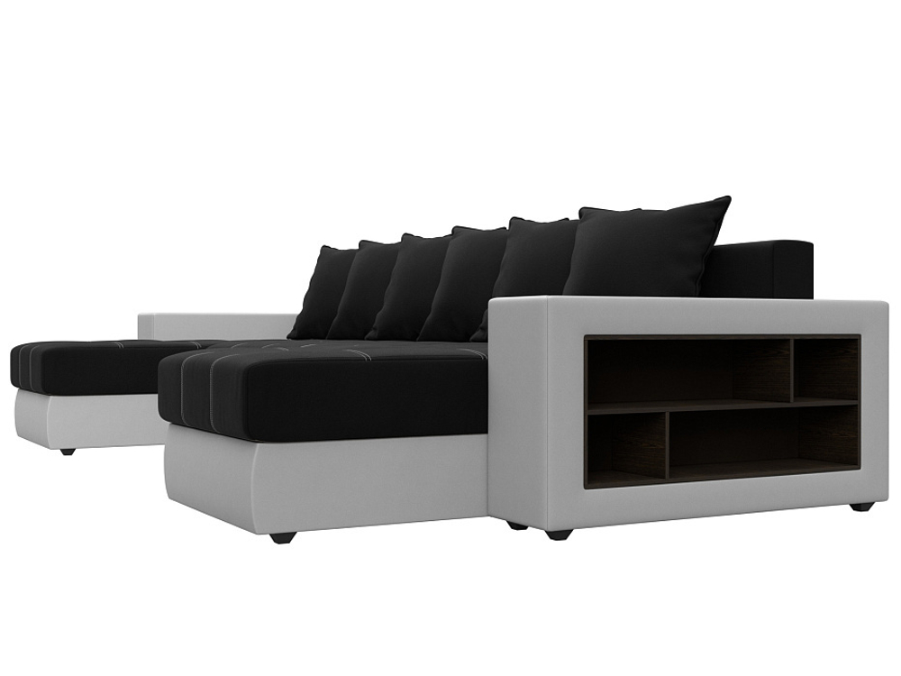 Диван П-образный Дубай полки справа, Черный\Белый, Микровельвет\Экокожа, 31514R