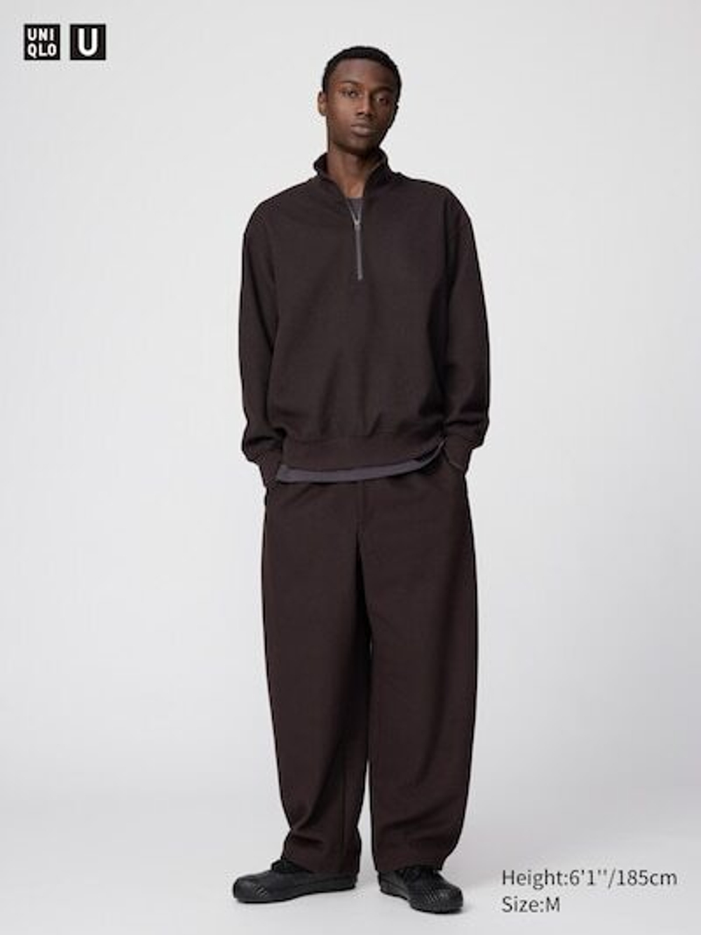 UNIQLO ШИРОКИЕ БРЮКИ С НАЧЕСОМ, ТЕМНО-КОРИЧНЕВЫЙ