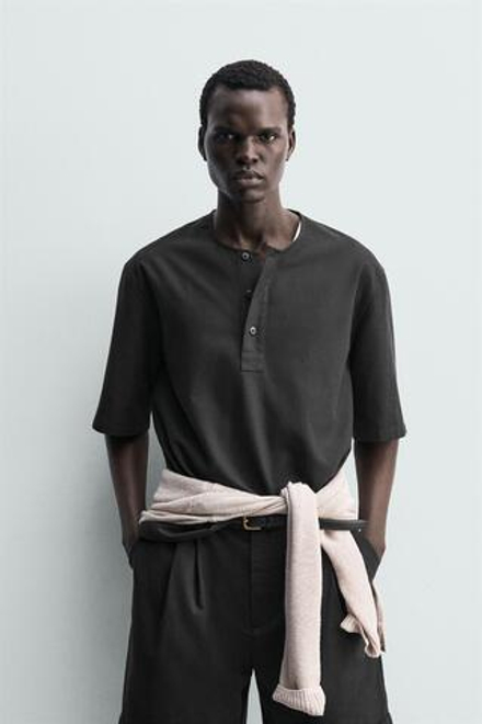 ZARA ФУТБОЛКА ПОЛО ИЗ ЛЬНА, ЧЕРНЫЙ