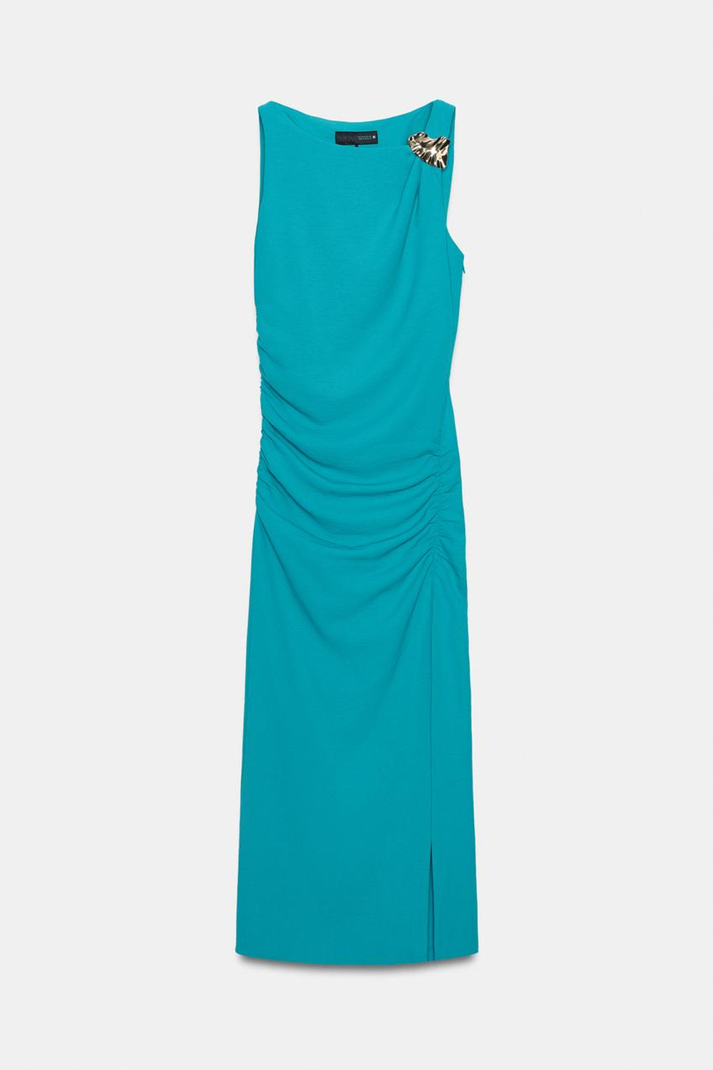 ZARA ПЛАТЬЕ МИДИ СО СБОРКАМИ И ЗОЛОТИСТОЙ ДЕТАЛЬЮ, БИРЮЗОВЫЙ