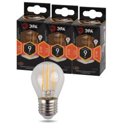 Лампа светодиодная ЭРА F-LED P45-9W-827-E27 9Вт филамент шар теплый белый свет Е27 | Филаментные декоративные