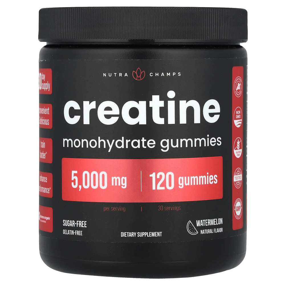 NutraChamps, Жевательные мармеладки с моногидратом креатина, арбуз, 120 жевательных таблеток (1250 мг в каждой жевательной мармеладке)
