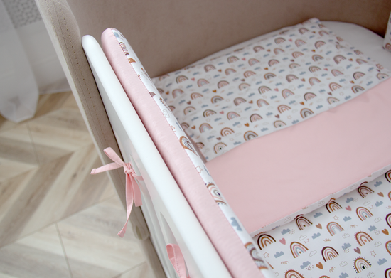 Мягкие бортики для кроватки KIDI soft "Милая радуга" (розовый, сатин)