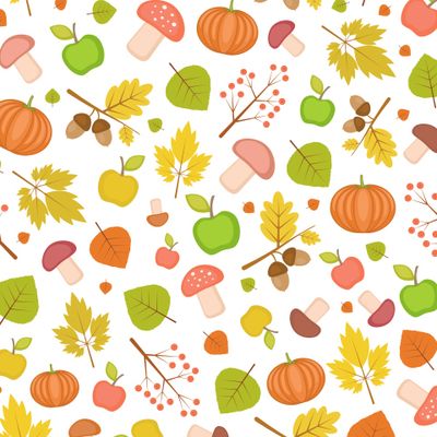 Autumn seamless pattern with pumpkins, apples and leaves