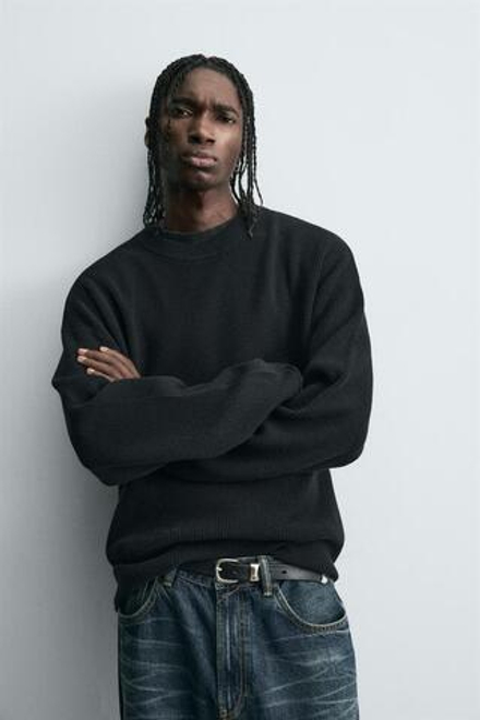 ZARA СВИТЕР ВАФЕЛЬНОГО ПЛЕТЕНИЯ С ЭФФЕКТОМ ПОТЕРТОСТИ, ЧЕРНЫЙ