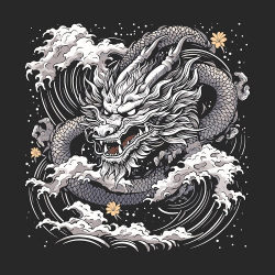 принт PewPewCat Японский дракон черный