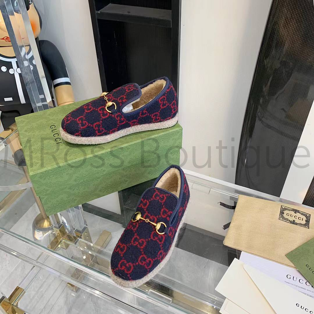 Женские лоферы Gucci GG Wool меховые с красным узором