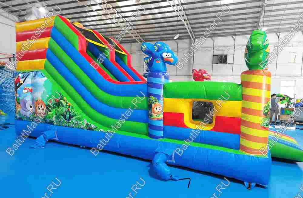Надувной батут «Звериный мир» с горкой и аркой,с сеткой на входе 7*5*4,2 м