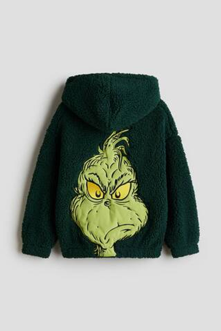 H&M Плюшевая толстовка с капюшоном и принтом, темно-зеленый