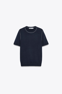 ZARA ТРИКОТАЖНЫЙ ТОП С КОРОТКИМИ РУКАВАМИ И ОКАНТОВКОЙ, ТЕМНО-СИНИЙ/БЕЛЫЙ
