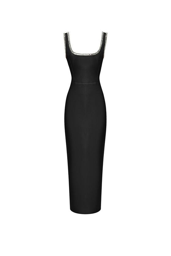 Платье миди удлиненное из крепа с отделкой из кристаллов и разрезом сбоку