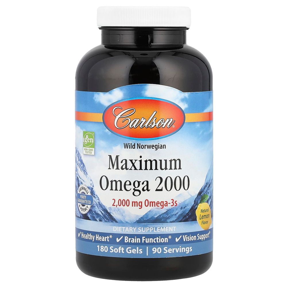 Carlson, Maximum Omega 2000, омега-3 кислоты из норвежской рыбы дикого улова, с натуральным лимонным вкусом, 2000 мг, 180 капсул (1000 мг в 1 капсуле)