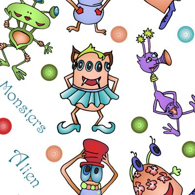 Seamless texture of alien monsters in cartoon style.